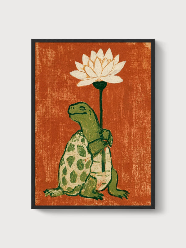 Turtle With Lotus Flower Print poster in black frame