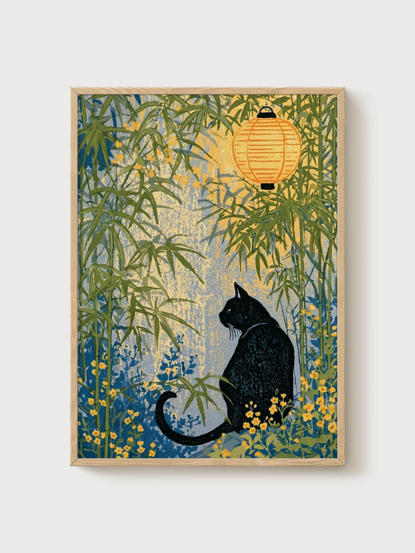 Black Cat Wall Art poster in oak frame