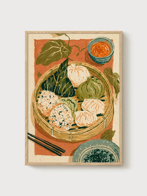 Dim Sum Bamboo Basket Print poster in oak frame