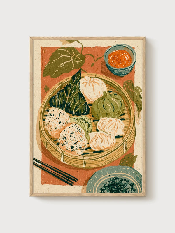 Dim Sum Bamboo Basket Print poster in oak frame