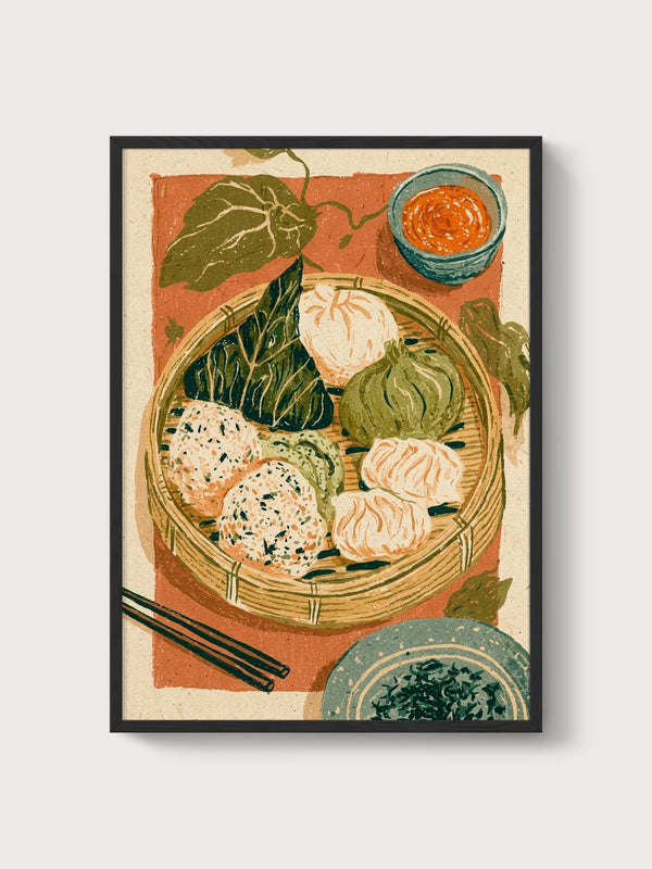 Dim Sum Bamboo Basket Print poster in black frame