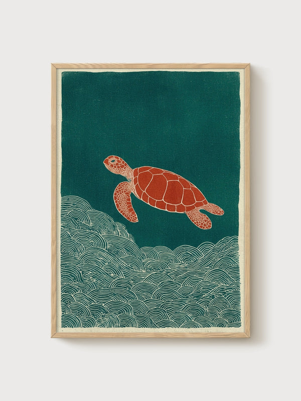 Sea Turtle Japanese Woodblock Print poster in oak frame