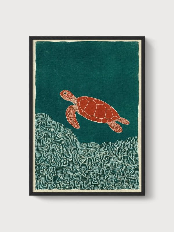 Sea Turtle Japanese Woodblock Print poster in black frame