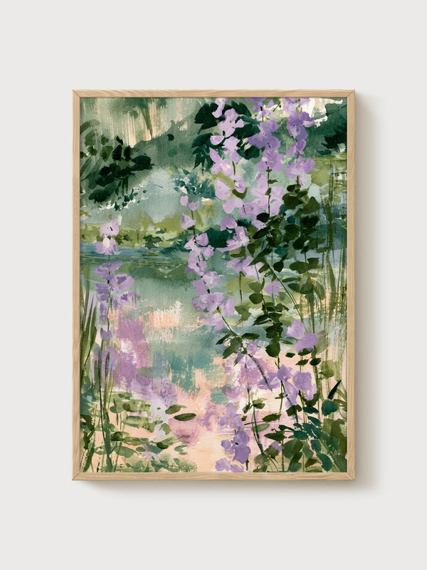 Watercolor Landscape Print poster in oak frame
