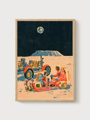 Astronaut Moon Picnic Art poster in oak frame