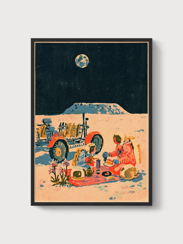 Astronaut Moon Picnic Art poster in black frame