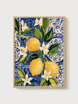 Lemon Watercolor Painting poster in oak frame