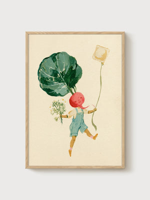 Whimsical Radish Girl Watercolor Print poster in oak frame