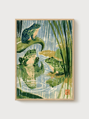 Frog Pond Japanese Woodblock Poster poster in oak frame