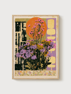 Retro Botanical Wildflower Print poster in oak frame