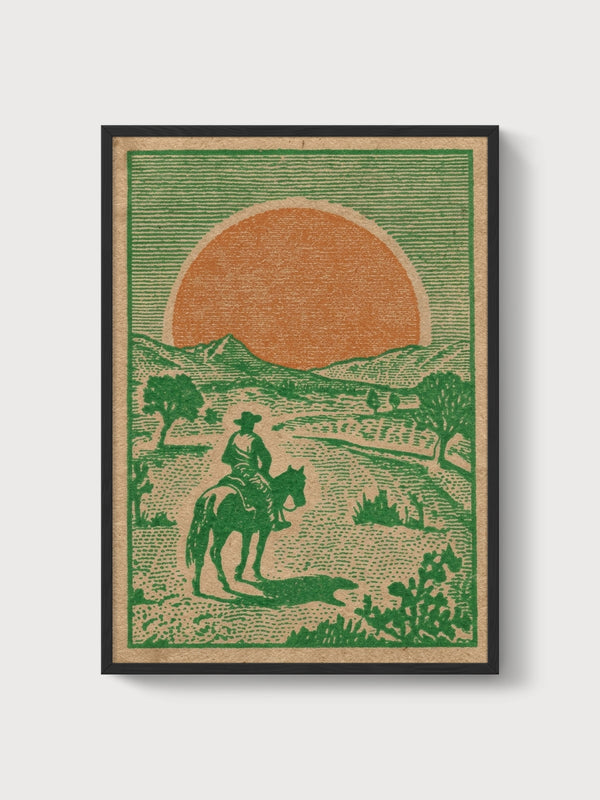 Cowboy Horse Painting Sun poster in black frame