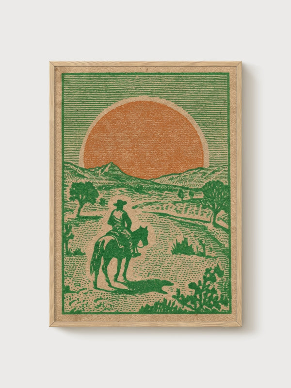 Cowboy Horse Painting Sun poster in oak frame