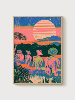 Elephant Wall Art poster in oak frame