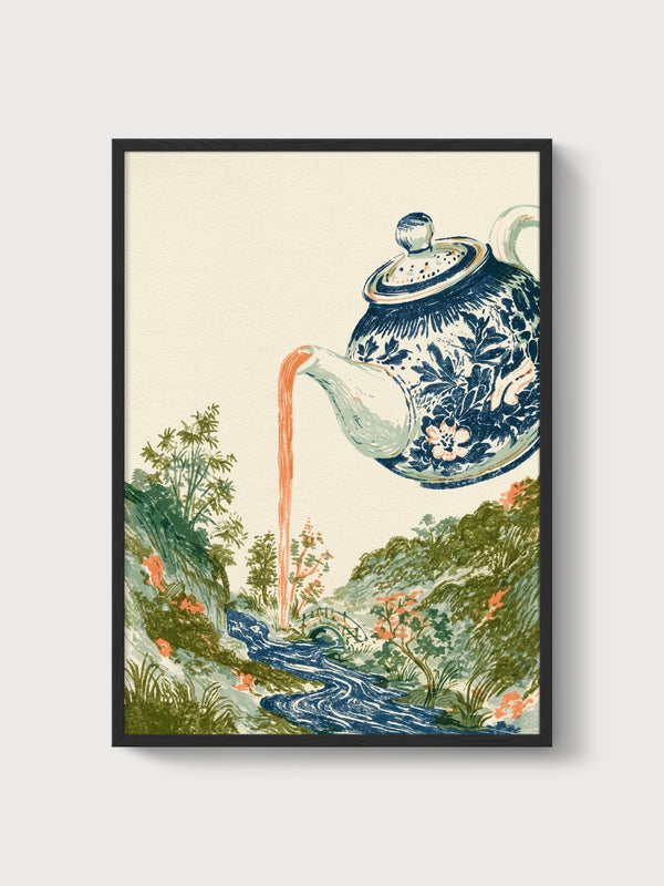 Japanese Teapot Landscape Print poster in black frame