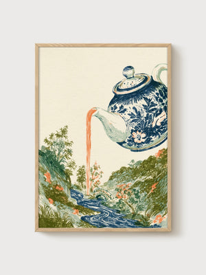 Japanese Teapot Landscape Print poster in oak frame