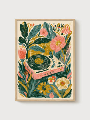 Turntable Vinyl Record Art Print poster in oak frame