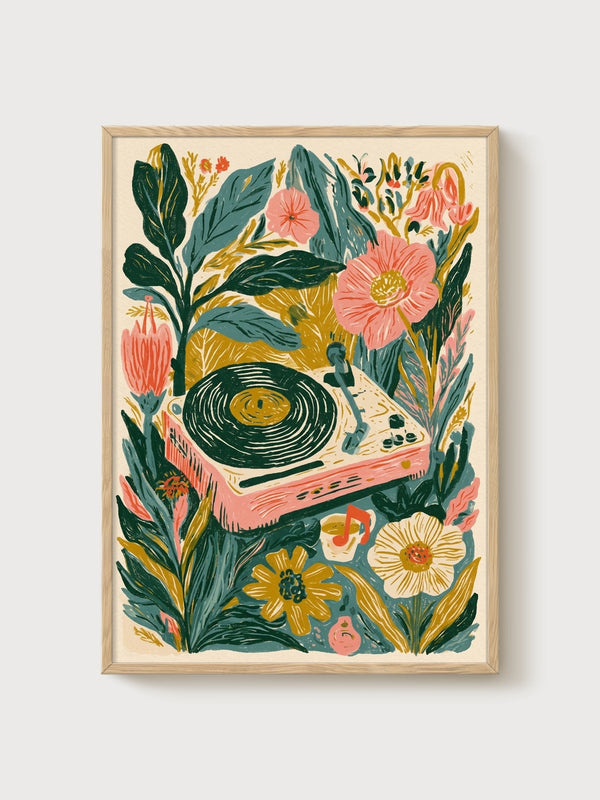 Turntable Vinyl Record Art Print poster in oak frame