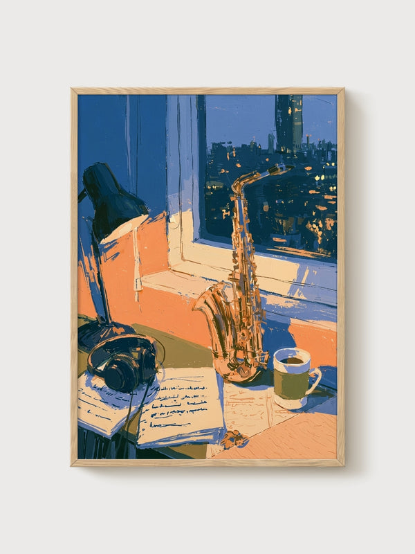 Saxophone Jazz Poster poster in oak frame