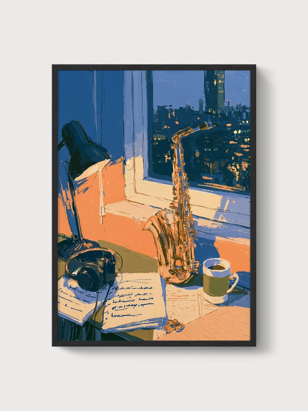 Saxophone Jazz Poster poster in black frame