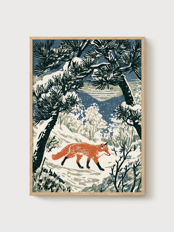 Fox Art Print poster in oak frame