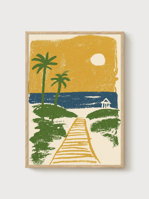 Retro Beach Sunset Print poster in oak frame