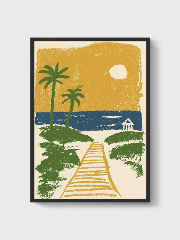 Retro Beach Sunset Print poster in black frame
