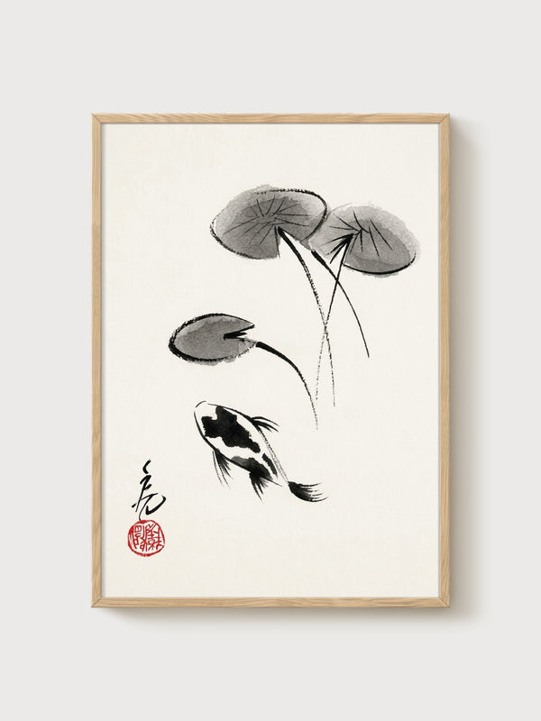 Koi Fish Wall Art poster in oak frame
