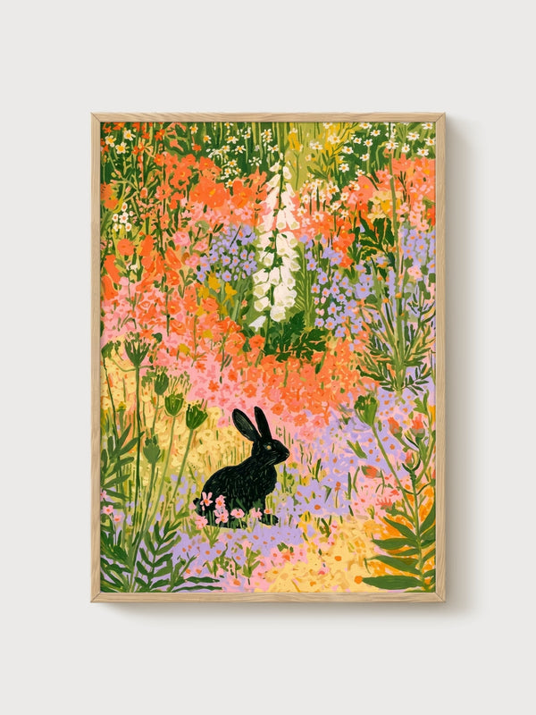 Black Rabbit Wildflower Garden Print poster in oak frame