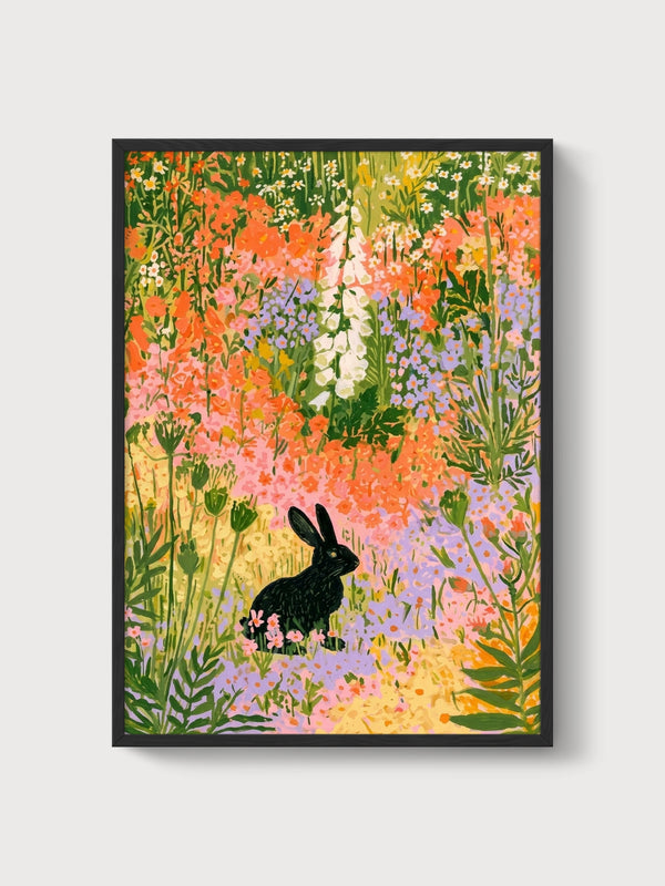 Black Rabbit Wildflower Garden Print poster in black frame