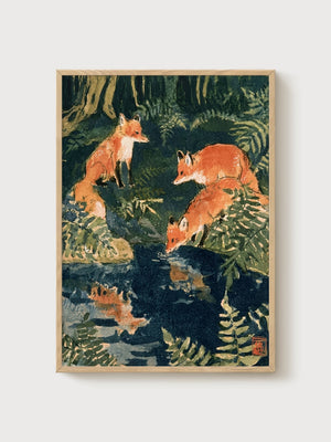 Fox Art Print poster in oak frame