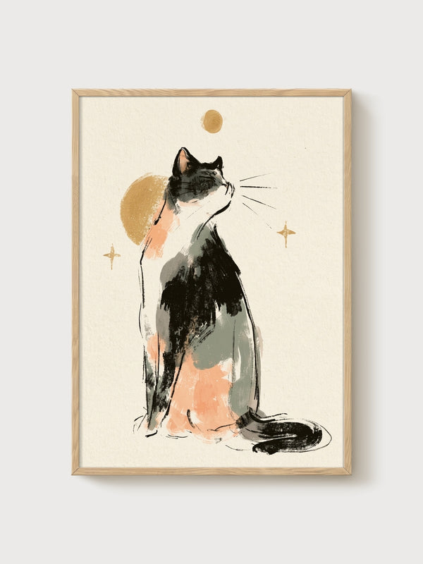 Calico Cat Wall Art poster in oak frame