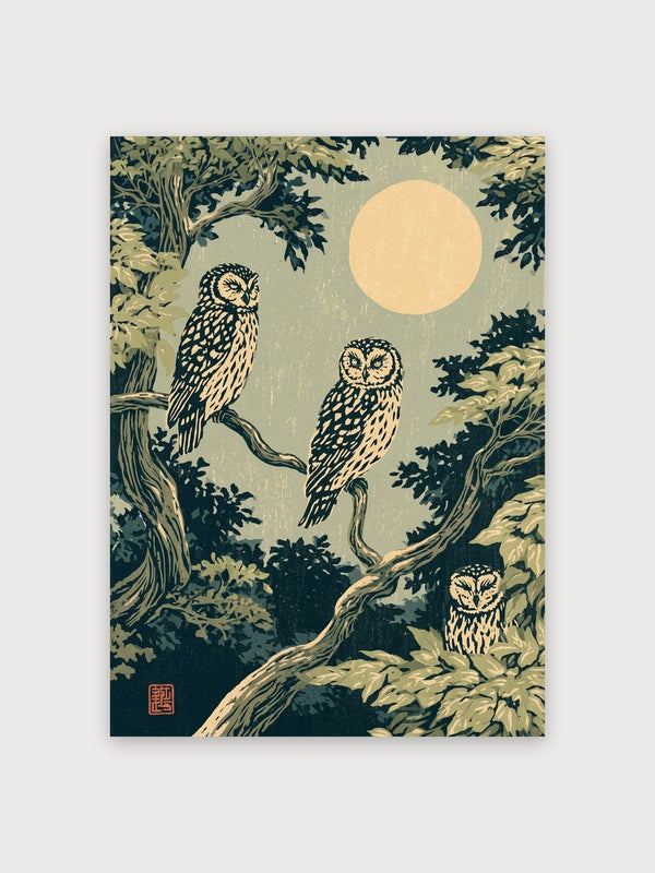 Owls Moonlight Forest Woodblock - Digital Download
