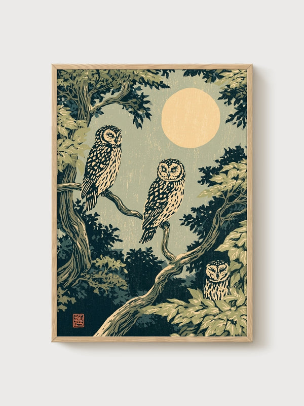Owl Wall Art poster in oak frame