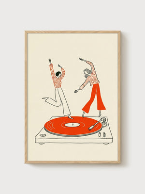 Retro Vinyl Dancers Print poster in oak frame