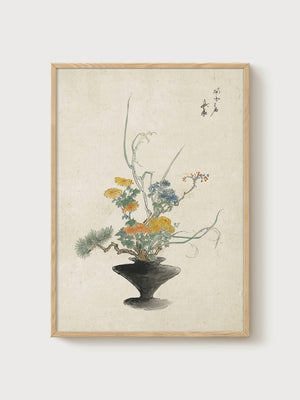 Ikebana Flower Arrangement Print poster in oak frame