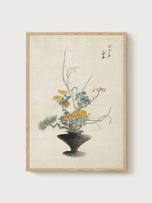 Ikebana Flower Arrangement Print poster in oak frame