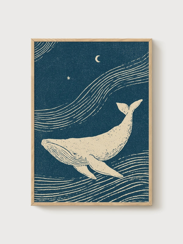 Whale Ocean Art Print poster in oak frame