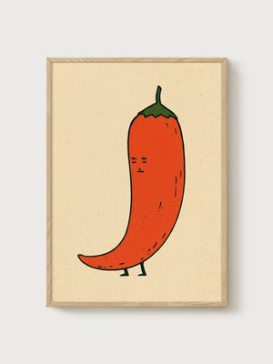 Whimsical Chili Pepper Caricature Print poster in oak frame