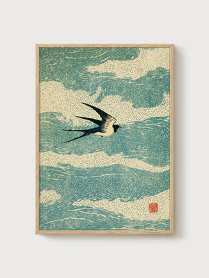 Swallow Ukiyo E Wall Art poster in oak frame