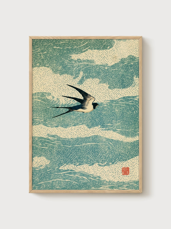 Swallow Ukiyo E Wall Art poster in oak frame