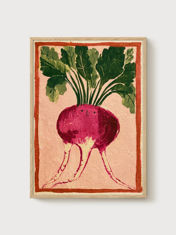 Whimsical Beet Root Folk Art Print poster in oak frame