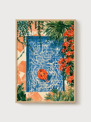 Poolside Swimmer Garden Art Print poster in oak frame