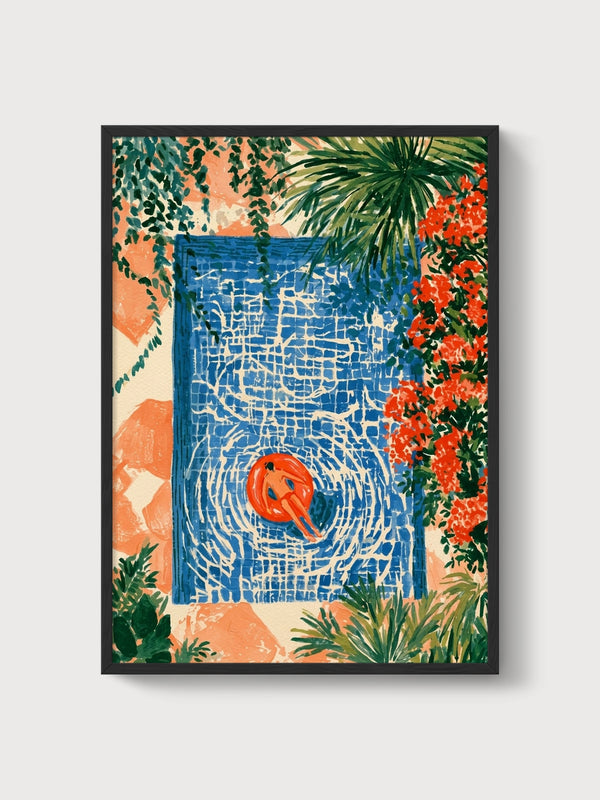 Poolside Swimmer Garden Art Print poster in black frame