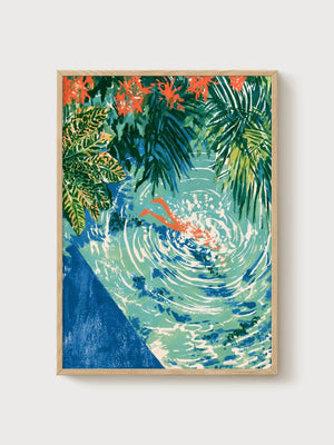 Tropical Swimmer Watercolor Flowers Print poster in oak frame