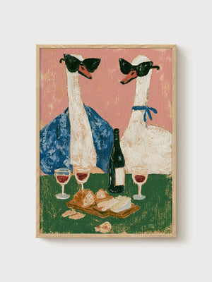 Whimsical Goose Wine Poster poster in oak frame