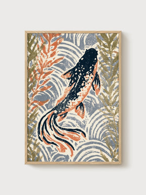 Koi Fish Wall Art poster in oak frame