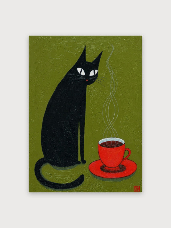 Black Cat With Red Tea Cup - Digital Download