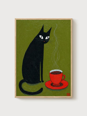 Black Cat Art Print poster in oak frame