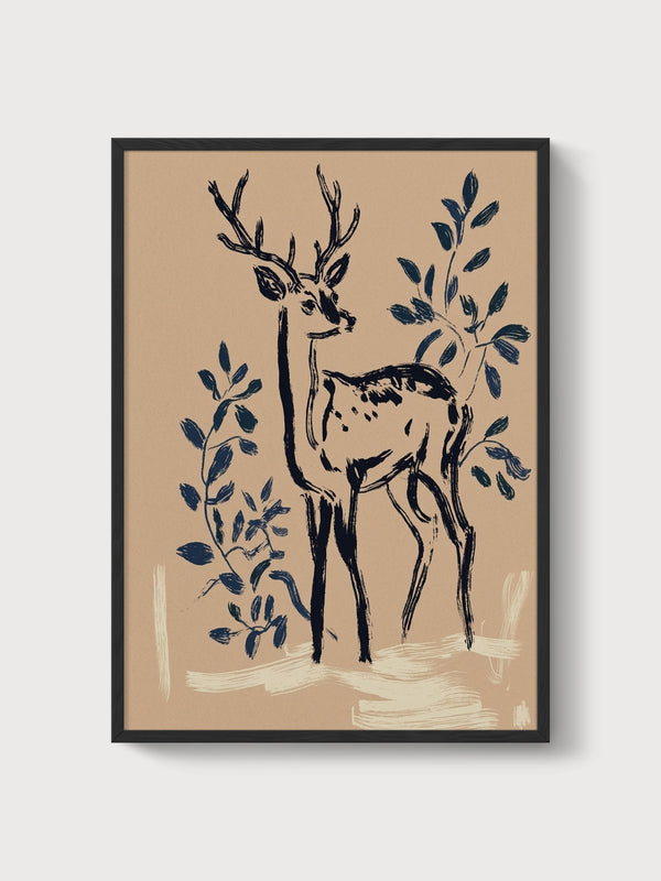 Deer Line Art Print poster in black frame