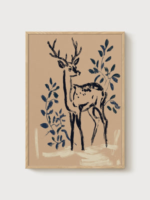 Deer Line Art Print poster in oak frame